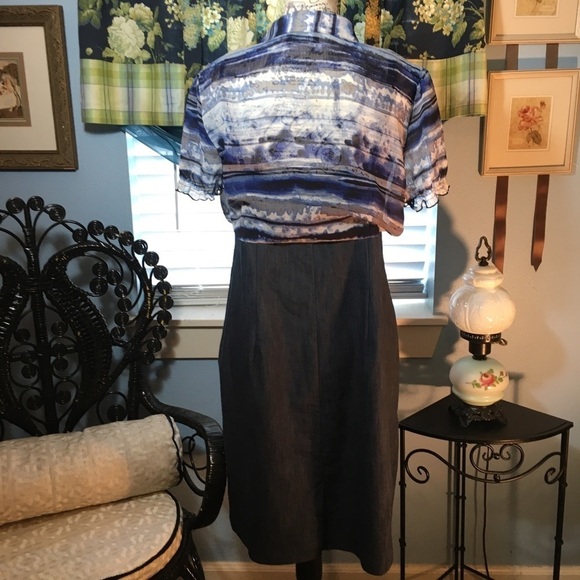 AB Studio short sleeve button front sheer top with denim skirt - Picture 6 of 7